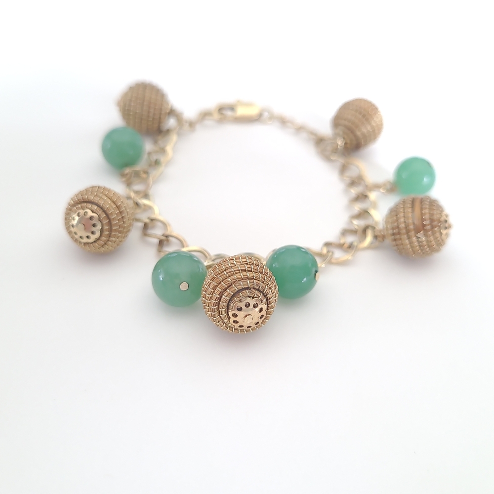 Gold Tone Charm Bracelet Green Jade Style Beads Vintage Look 7.5”